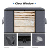 A gray storage box with a clear window showing folded beige fabric, featuring sturdy sewing, stainless zippers, and breathabl