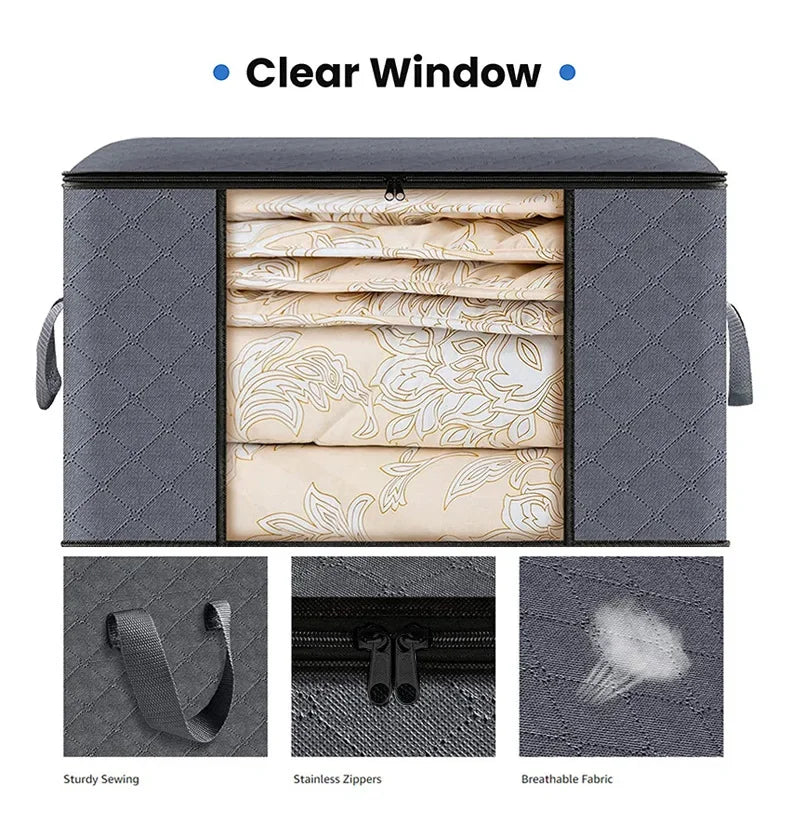 A gray storage box with a clear window showing folded beige fabric, featuring sturdy sewing, stainless zippers, and breathabl
