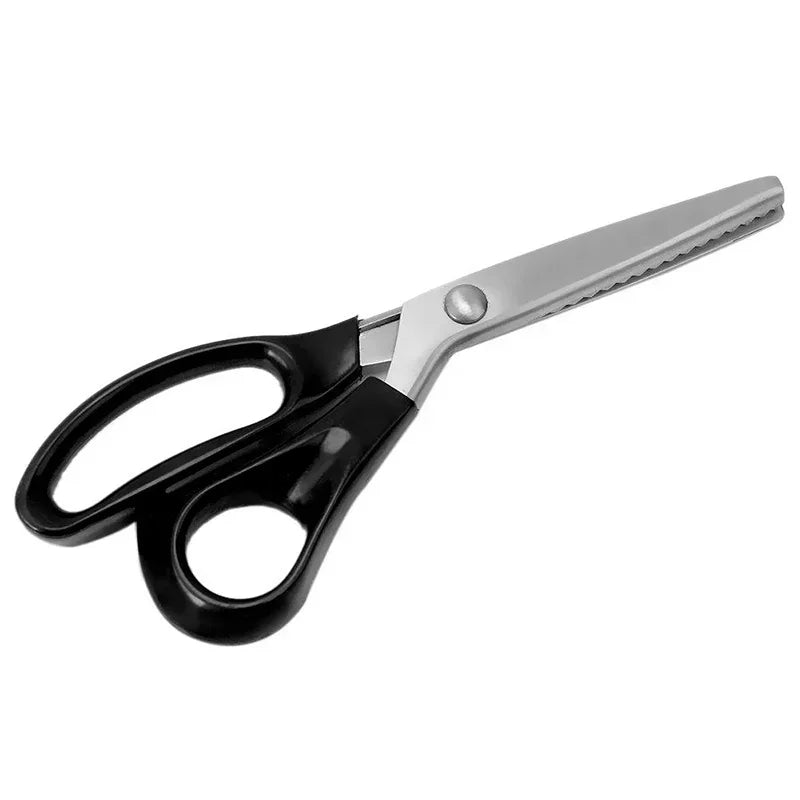 Silver and black professional dressmaking pinking shears.