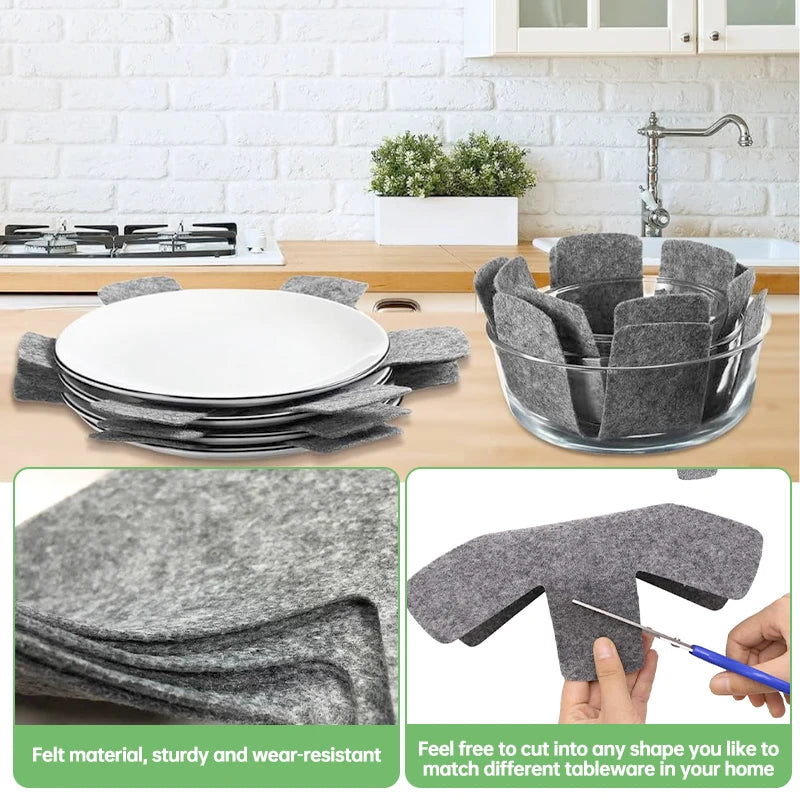 Reusable felt pot protectors in gray used to cover and protect kitchen storage items