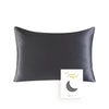 A dark gray mulberry silk pillowcase with a hidden zipper is displayed against a white background.