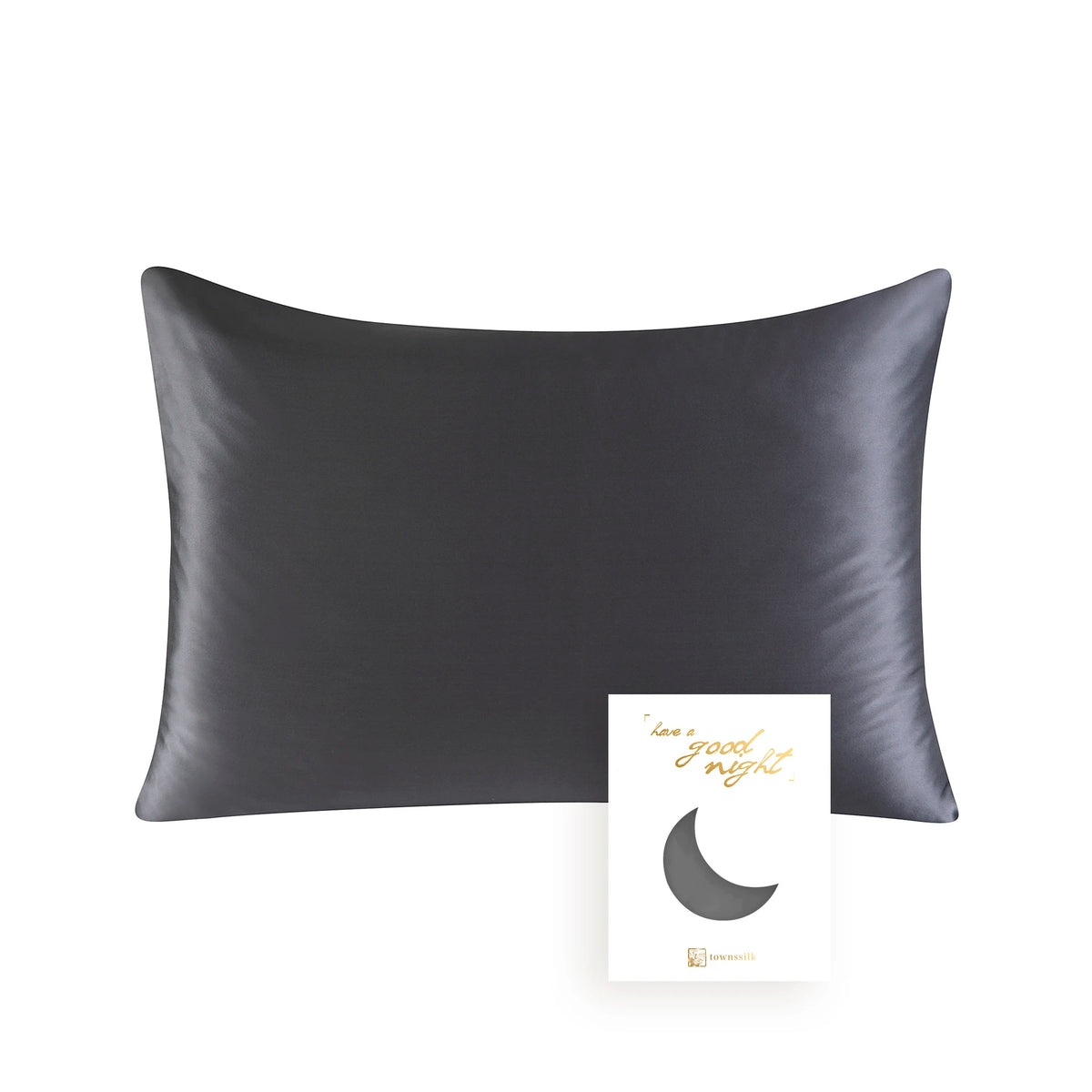 A dark gray mulberry silk pillowcase with a hidden zipper is displayed against a white background.