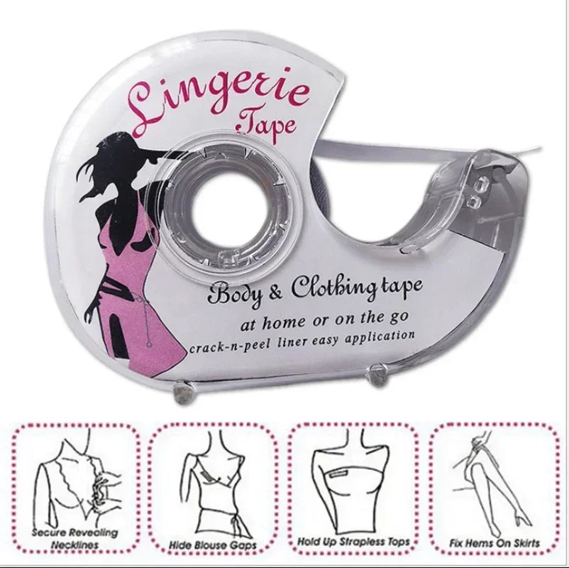A package of body and clothing tape for securing revealing necklines, blouse gaps, strapless tops, and hems on skirts.