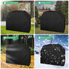 Black waterproof BBQ grill cover shown in various weather conditions: sun, rain, wind, and snow.