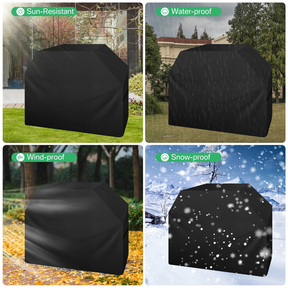 Black waterproof BBQ grill cover shown in various weather conditions: sun, rain, wind, and snow.