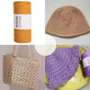 A stack of yellow hollow cotton yarn next to a purple hand-knitted hat and a beige crocheted bag.