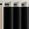 Blackout linen curtain set with a light gray header and black fabric panels.