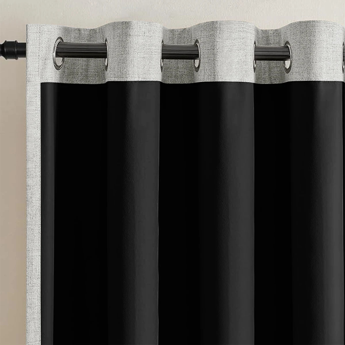 Blackout linen curtain set with a light gray header and black fabric panels.