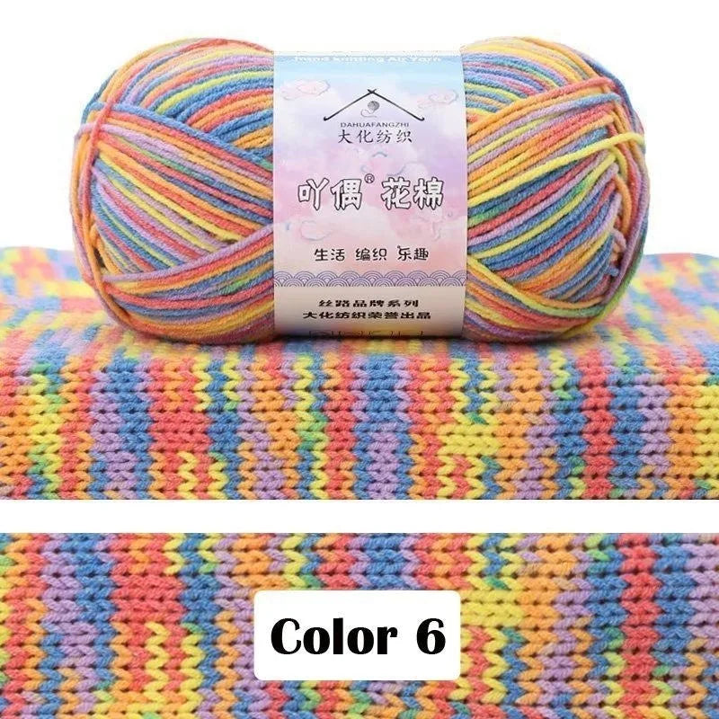 A ball of multi-colored yarn with a gradient pattern resting on a knitted fabric background.