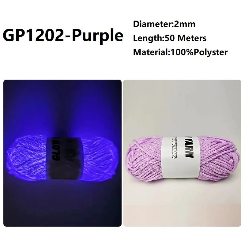 Purple glow-in-the-dark polyester yarn with a black label and white text