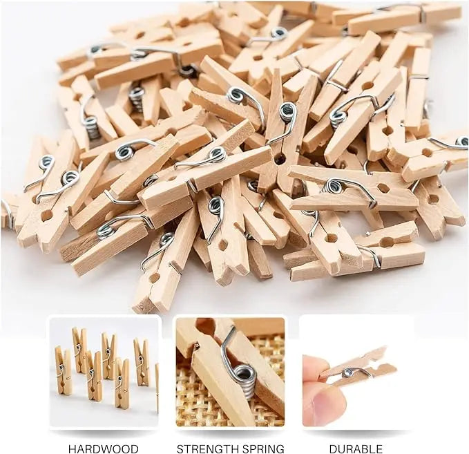 A pile of mini wooden clothespins with strength spring used for photo displays and DIY crafts