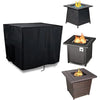 Black waterproof fire pit cover with drawstring and accompanying fire pit accessories.