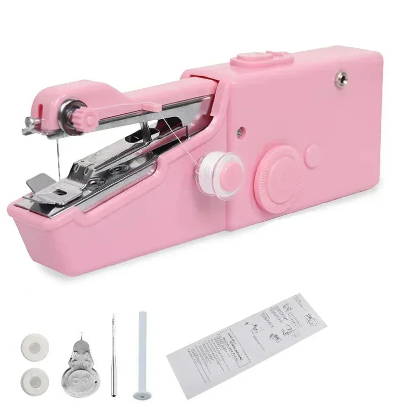 A pink portable handheld sewing machine with a metal presser foot and various accessories shown on a white background.