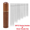 30 pieces of stainless steel sewing needles in a brown wooden box