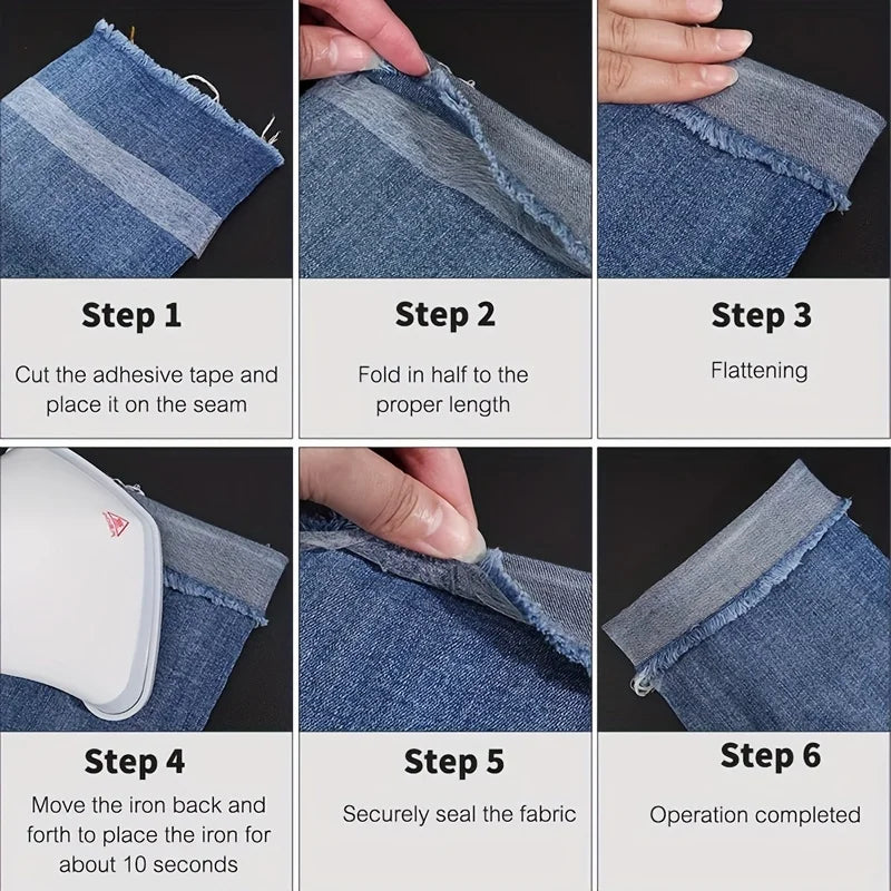 Six steps showing how to use iron-on fusible hem tape for DIY sewing on fabric edges.