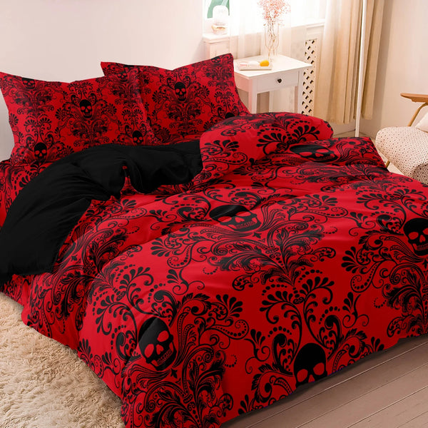 A vibrant red bedding set featuring a black gothic skull pattern on a bed.