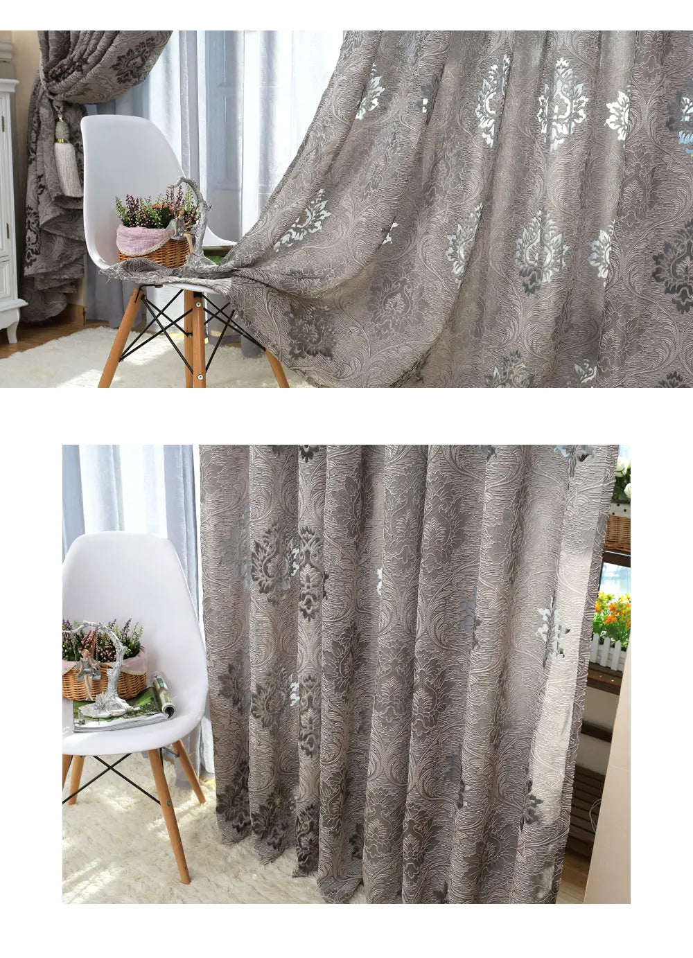 Gray sheer jacquard curtain panel draped in a window, featuring a subtle floral pattern.