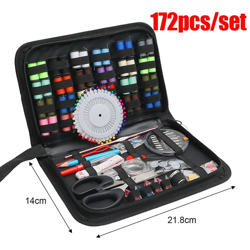 A black zippered case containing a comprehensive sewing kit with various needles, threads, and tools.