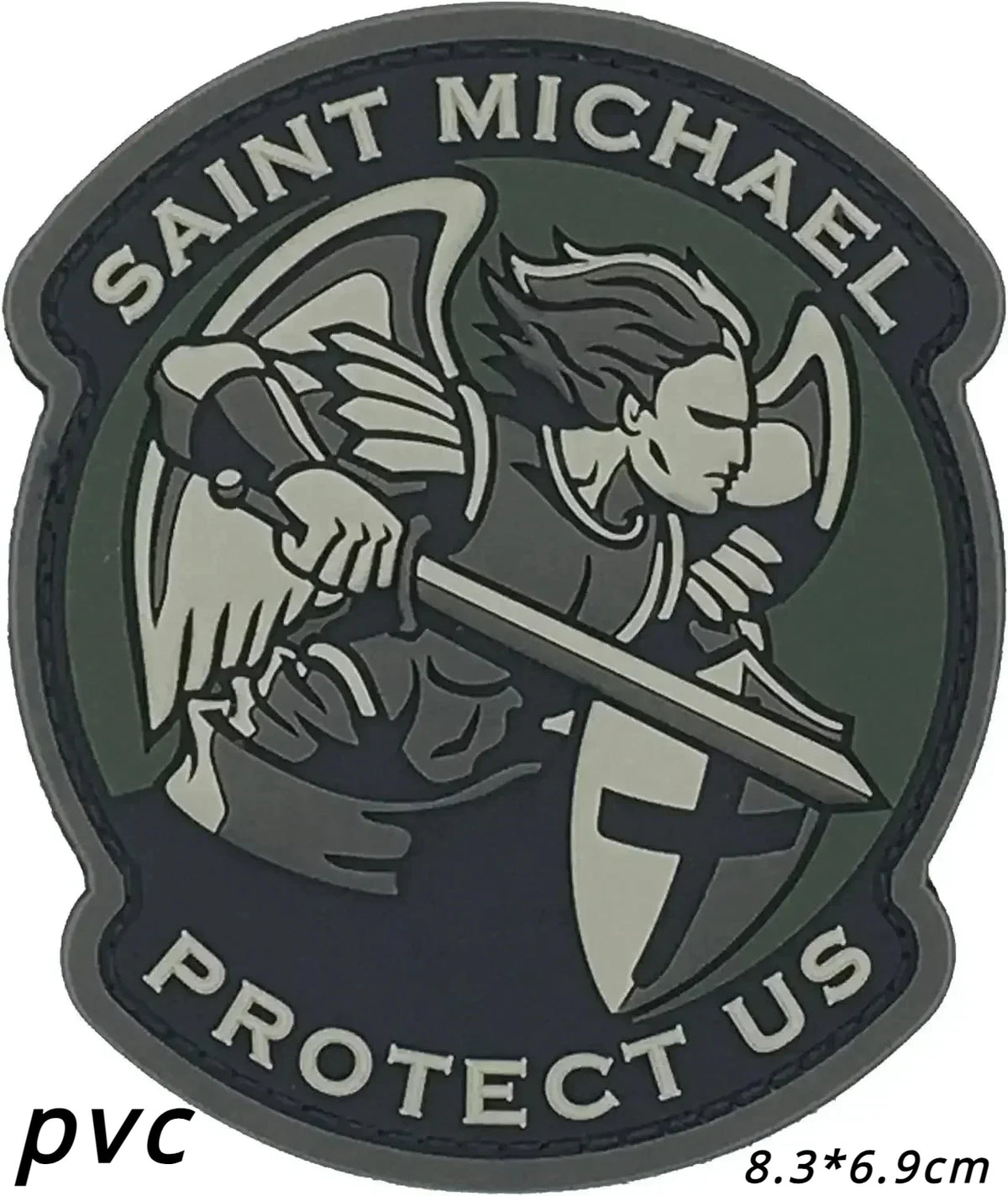 An embroidered patch featuring a winged figure holding a sword with the text SAINT MICHAEL PROTECT US.