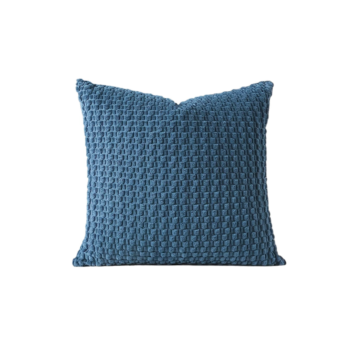 A textured blue corduroy pillow cover with a subtle grid pattern.