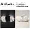 White polyester yarn with a black label showing the product specifications for knitting and crochet