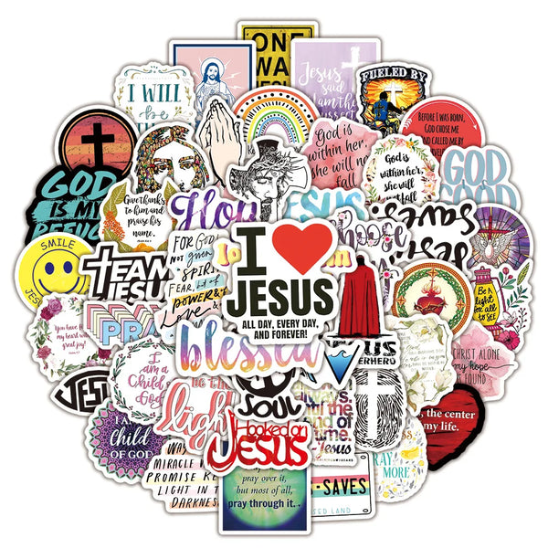 A collection of faith and prayer affirmation decals featuring various religious phrases and symbols.