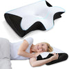 A white ergonomic memory foam pillow with a black cooling ice silk cover is shown being used by a woman.