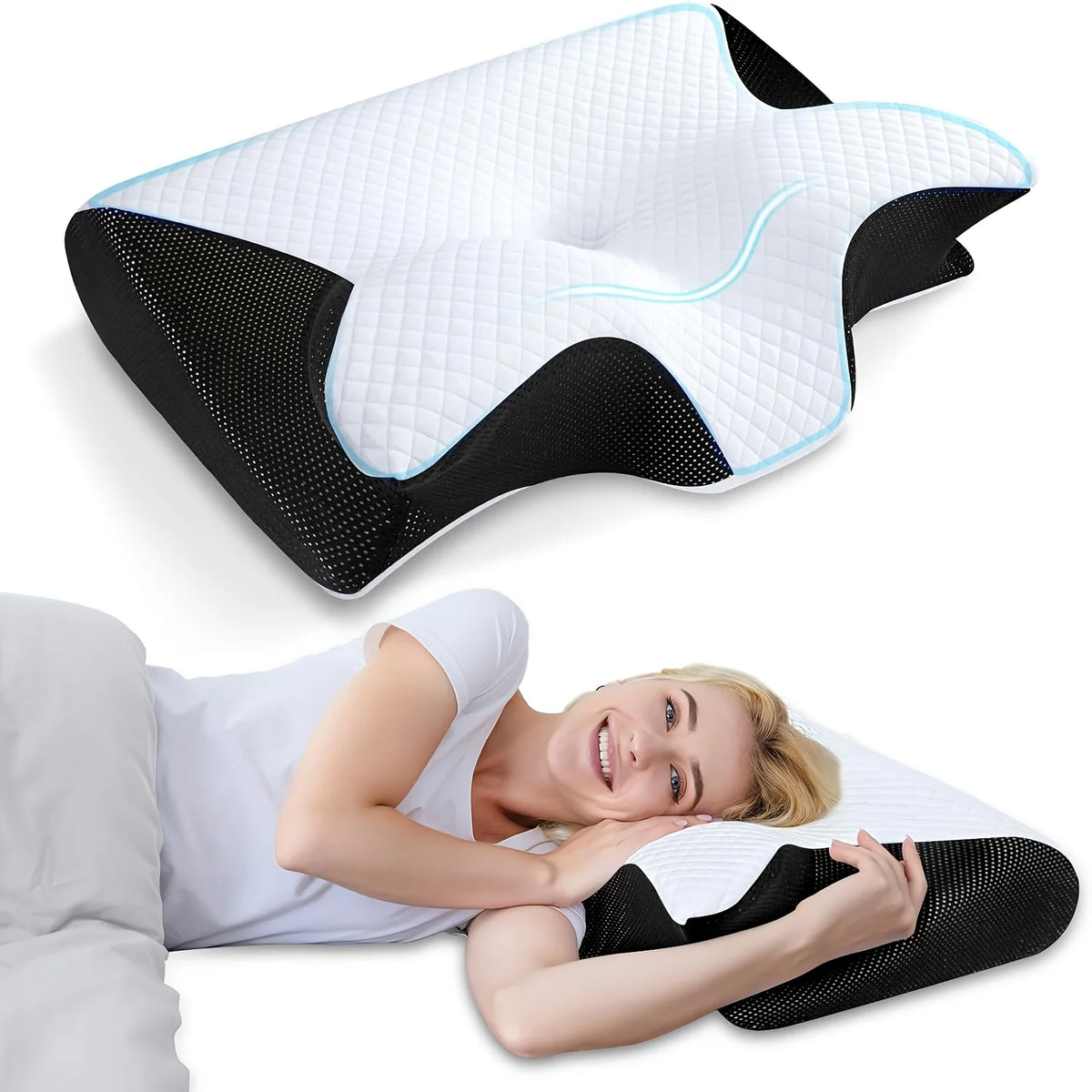 A white ergonomic memory foam pillow with a black cooling ice silk cover is shown being used by a woman.