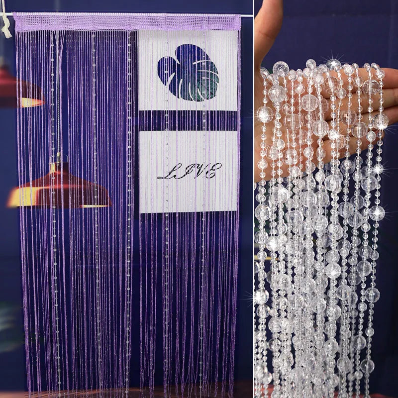 Purple crystal beaded string curtains with a white label and the word LIVE