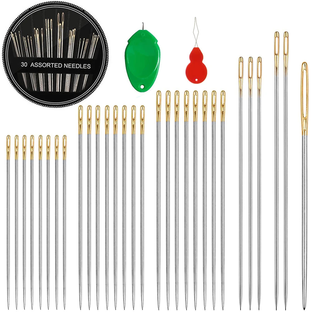 A set of assorted premium stainless steel embroidery and sewing needles in various sizes and styles.
