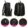 Black unisex football sport backpack showing double zippers, adjustable straps, and breathable material features.