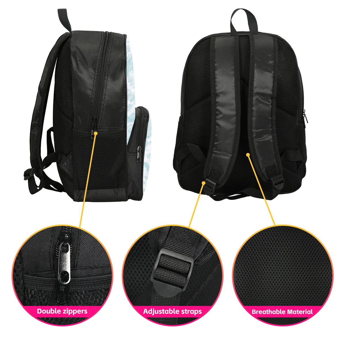 Black unisex football sport backpack showing double zippers, adjustable straps, and breathable material features.