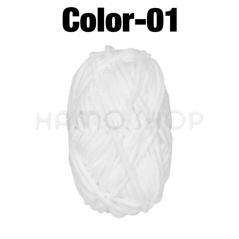 White soft velvet chenille yarn skein labeled Color-01 for crafting