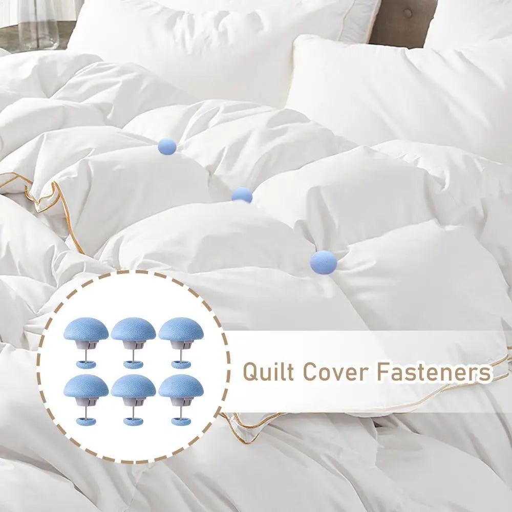 A close-up of white bedding with blue quilt cover fasteners used to secure duvet covers.