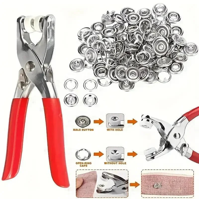 A set of 100 metal snap buttons and a press tool for fastening applications.
