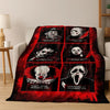 A red horror character flannel throw blanket featuring various masked figures and dates.