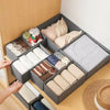 A gray foldable organizer set holds various beige and brown folded underwear and accessories.