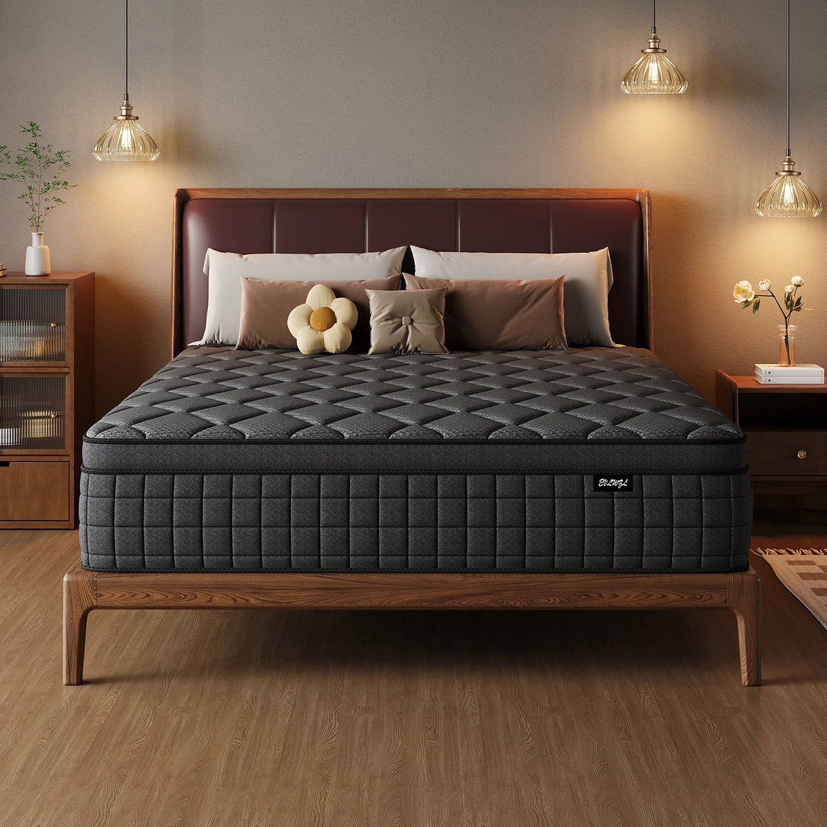 A modern bedroom featuring a brown wooden bed frame with a gray mattress and neutral pillows, illuminated by pendant lights.