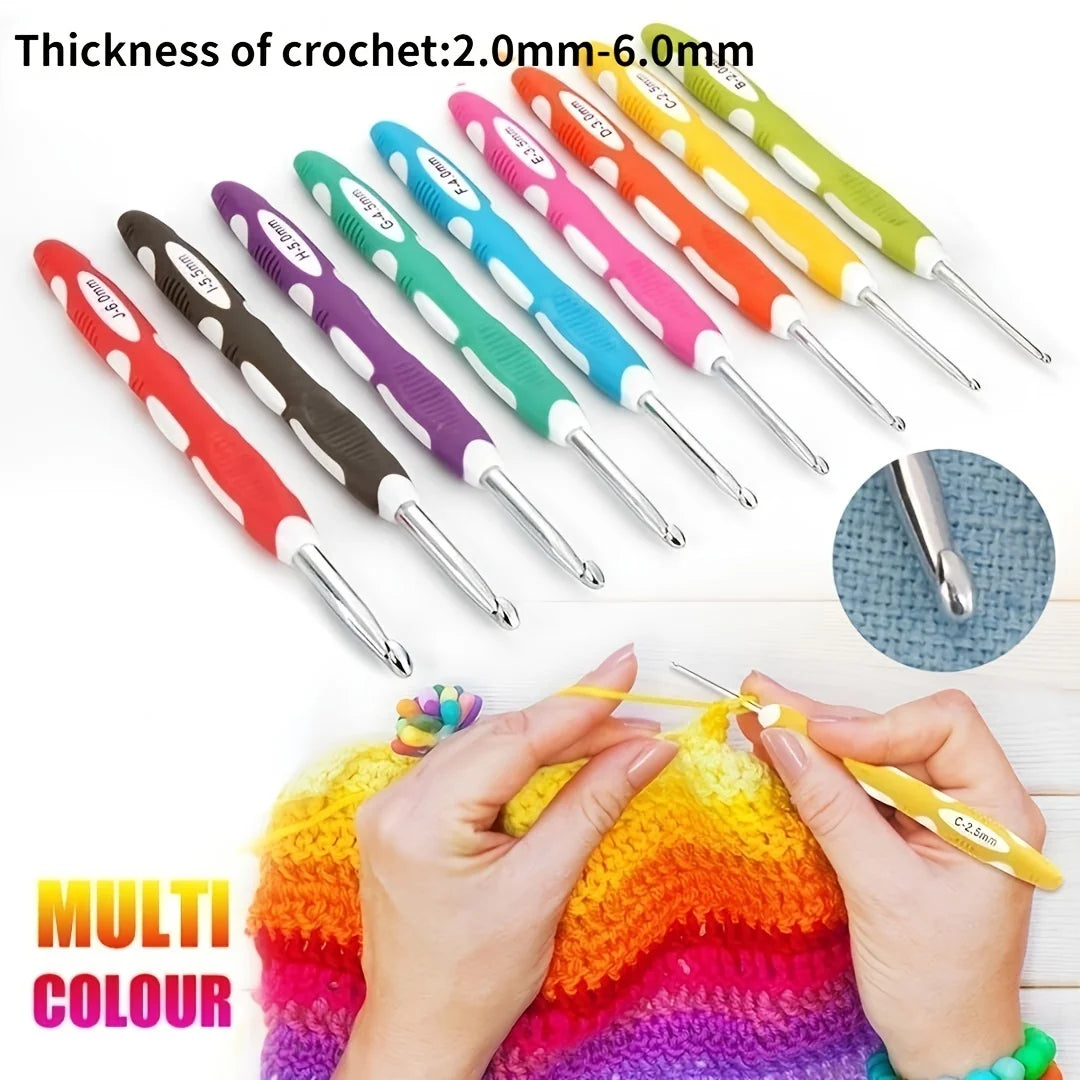 A set of multi-colour crochet hooks and needles with various thicknesses shown alongside a knitted item.