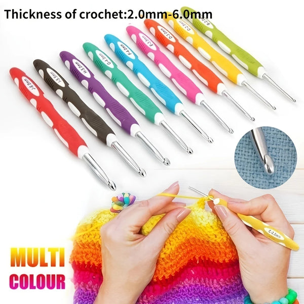 A set of multi-colour crochet hooks and needles with various thicknesses shown alongside a knitted item.