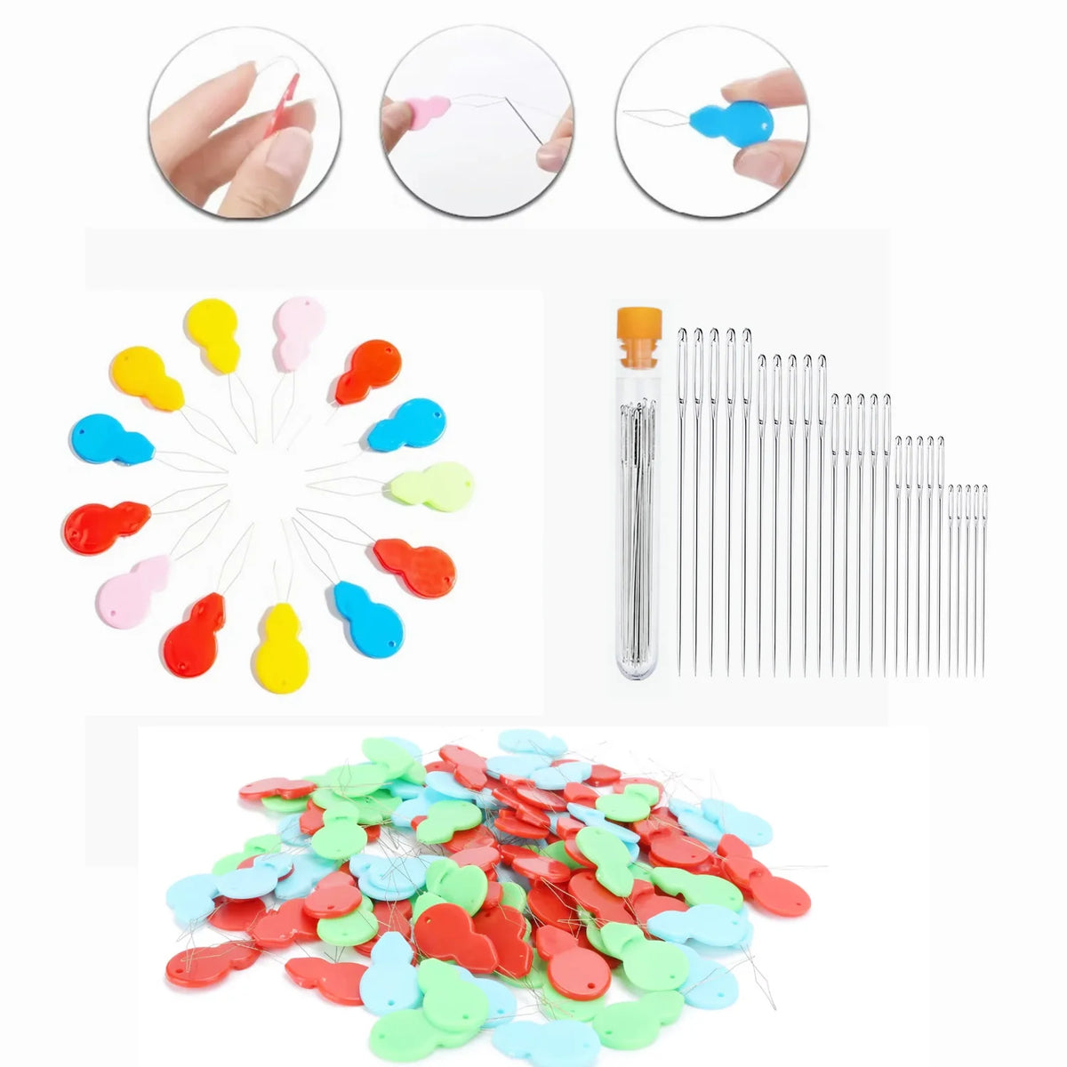 A plastic threader set showing various tools including a needle, threader, and multiple plastic threads for sewing and crafti
