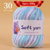A ball of 30 soft yarn in purple and blue stripes, labeled as handmade knitting thread.
