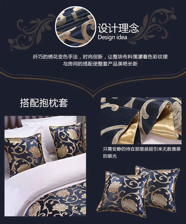 Decorative bed flags for pillows featuring gold embroidery on dark blue fabric