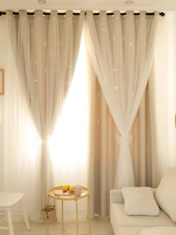 Beige Stars Hollow Out curtains hanging in a bright room with sheer white fabric.