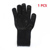 A single black heat resistant BBQ glove with a non-slip silicone grip.