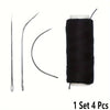 A set of four precision hair extension weft threads and tools, including a needle and curved tools.