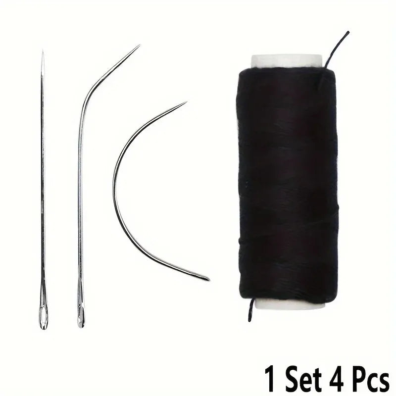 A set of four precision hair extension weft threads and tools, including a needle and curved tools.