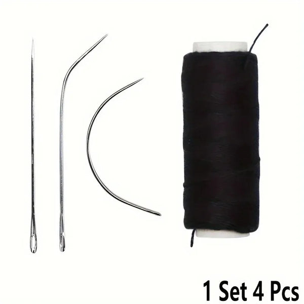A set of four precision hair extension weft threads and tools, including a needle and curved tools.