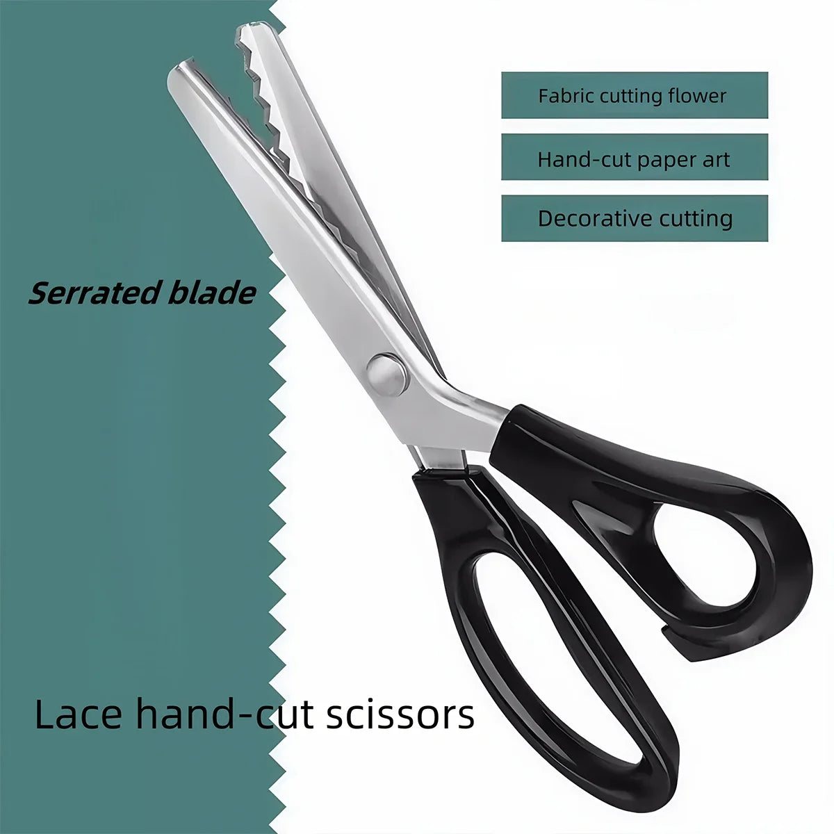 A pair of black lace hand-cut scissors with a serrated blade shown against a green background.