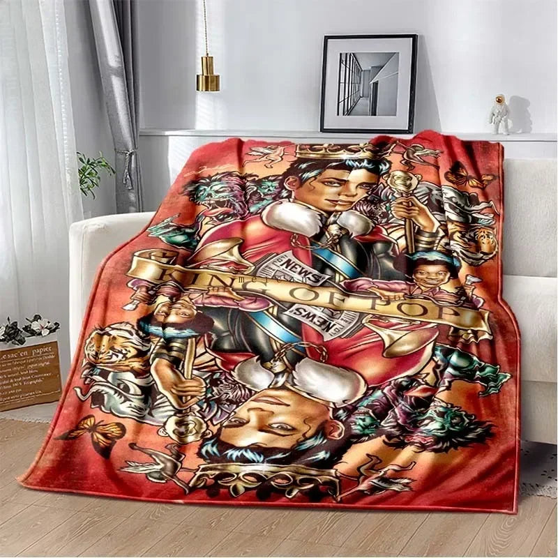 A red flannel blanket featuring a vintage-style print of musicians and musical instruments.